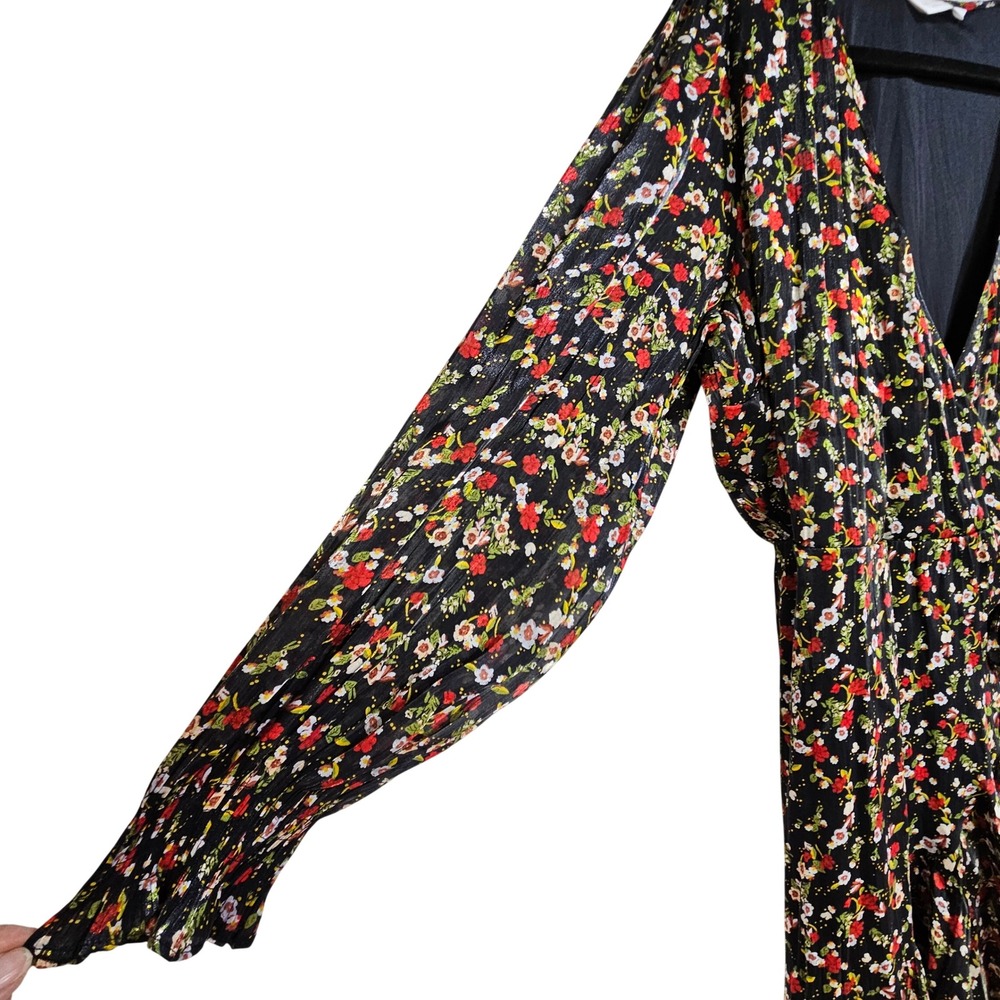 Lauren Conrad Black Floral Pleated Wrap Midi Dress XL Boho Shimmer Cottagecore - Picture 3 of 11
